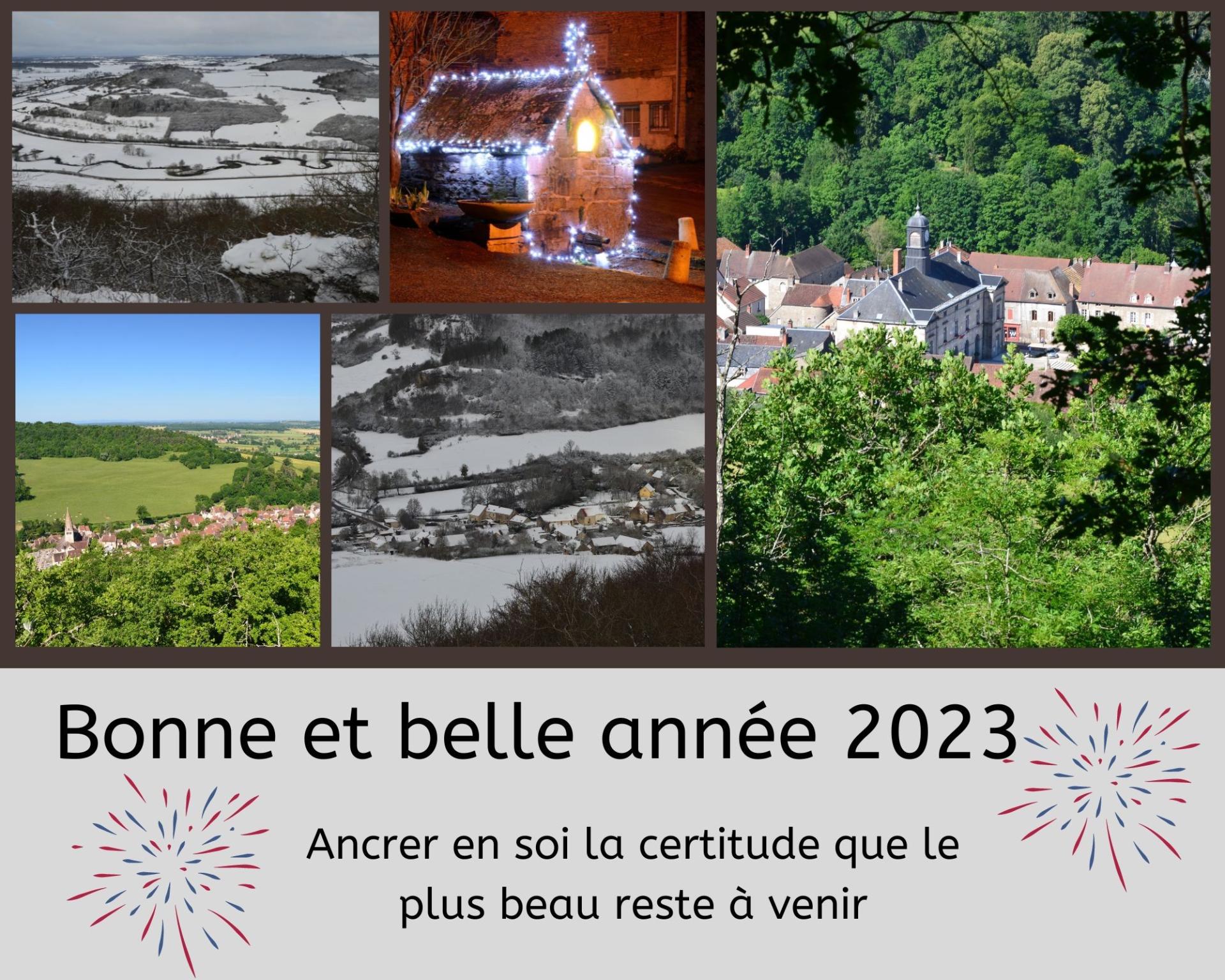 carte voeux 2023 avec la mairie et vue générale de la commune