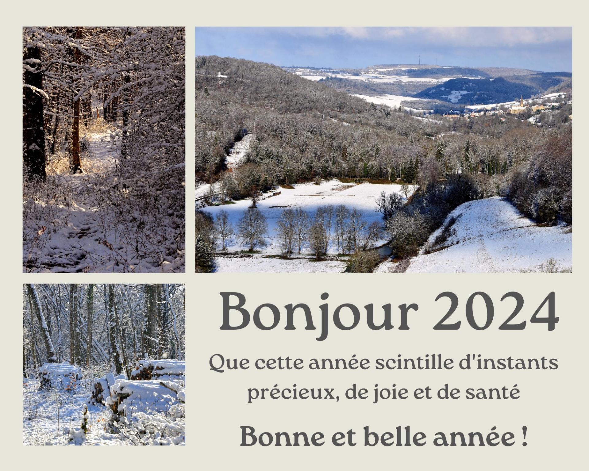 carte de voeux 2024 Bligny sur Ouche sous la neige